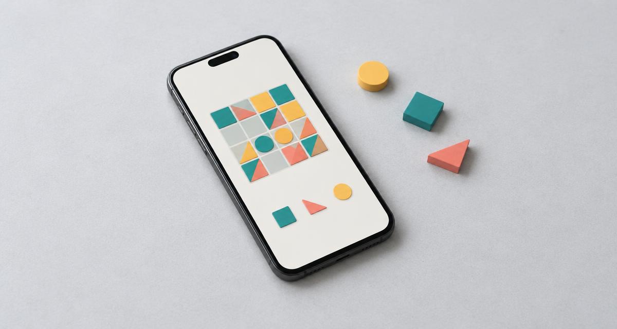 A phone displaying a colorful geometric puzzle, with matching shapes beside it